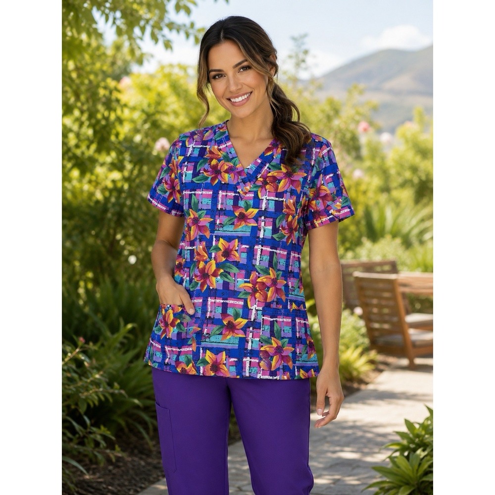 Scrub Station VS Collection Size Small Women's V Neck Scrub Top Floral Bright